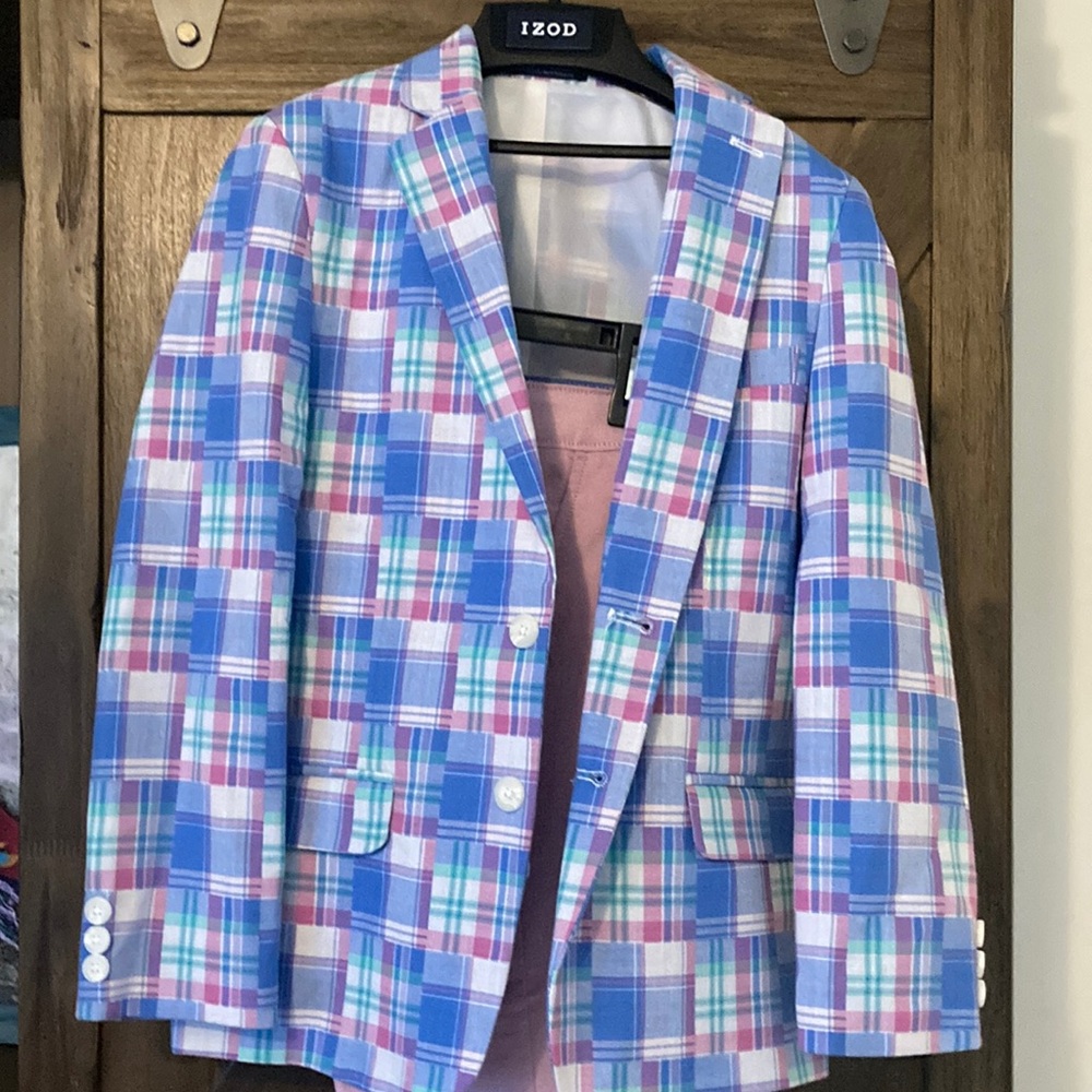 Izod Plaid blazer and pink linen slacks